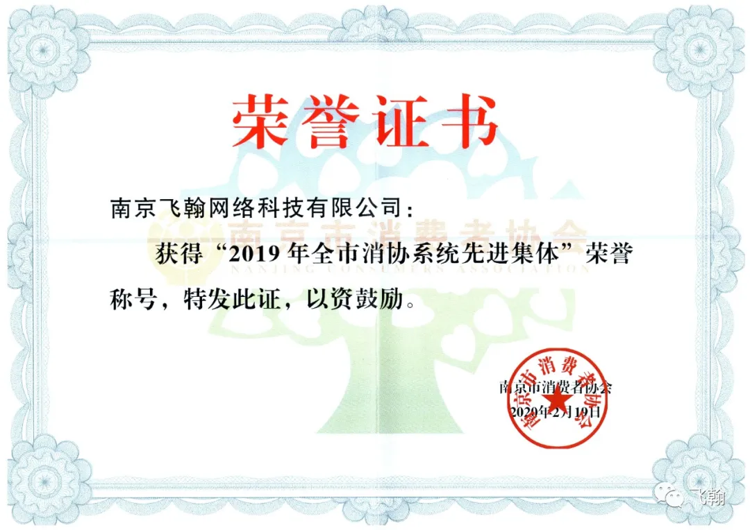 飞翰公司新闻：南京飞翰网络科技有限公司被评为“2019年全市消费者系统先进集体”